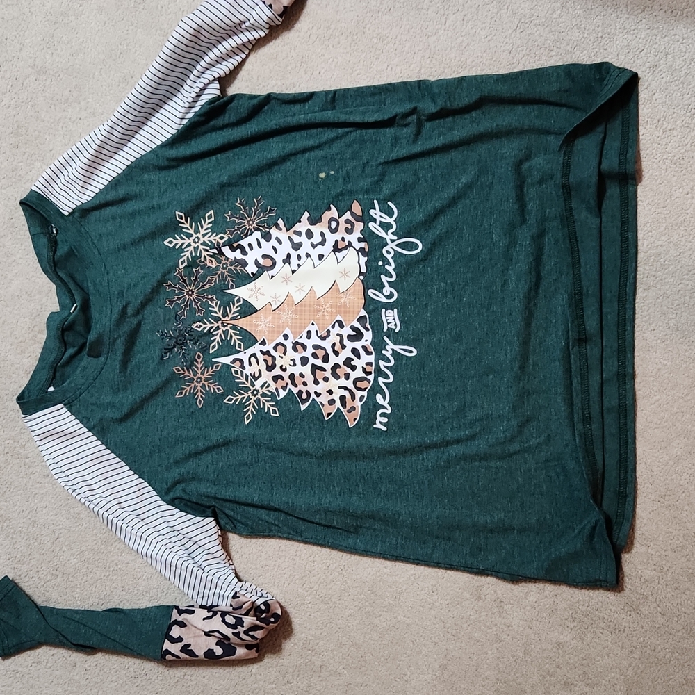 Merry and Bright Long Sleeve Shirt  Green Cheetah- Large